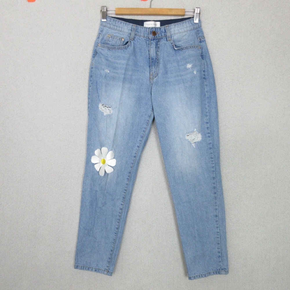 HowLuk Denim Light Wash Distressed Daisy Mom Jeans High Rise Elastic Waist S